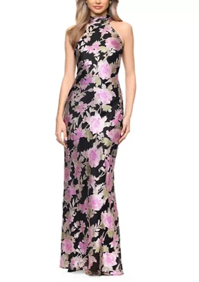 Women's Halter Mock Neck Floral Printed Burnout Gown