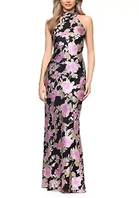 Women's Halter Mock Neck Floral Printed Burnout Gown