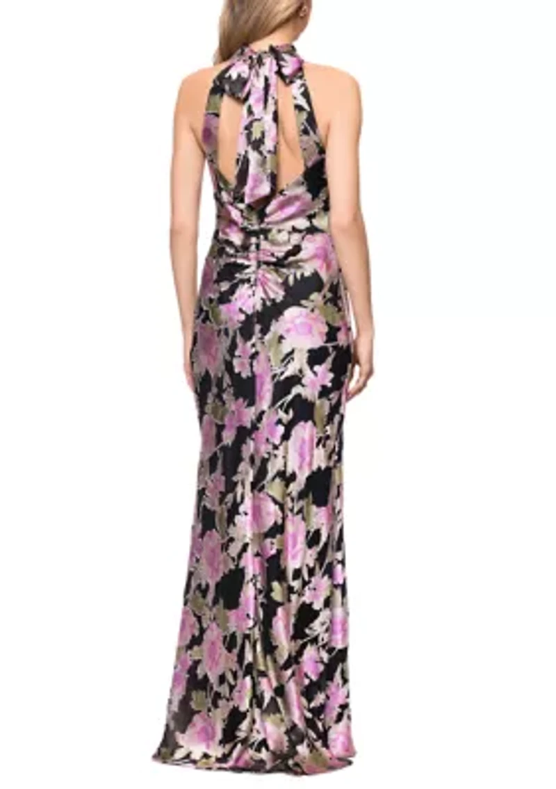 Women's Halter Mock Neck Floral Printed Burnout Gown