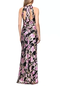 Women's Halter Mock Neck Floral Printed Burnout Gown