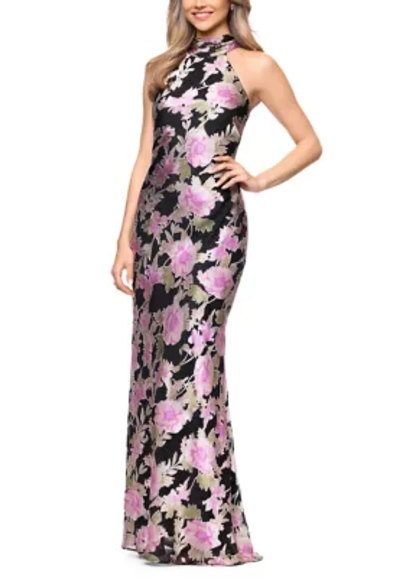 Women's Halter Mock Neck Floral Printed Burnout Gown