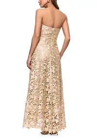 Women's Strapless Gold Lace Gown