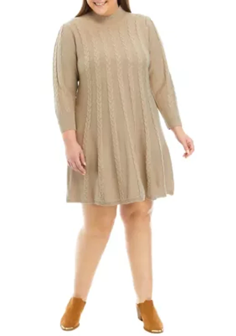 Plus Long Sleeve Mock Neck Solid Cable Sweater Dress