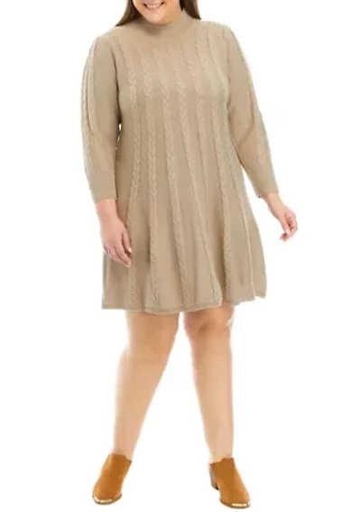 Plus Long Sleeve Mock Neck Solid Cable Sweater Dress