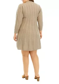 Plus Long Sleeve Mock Neck Solid Cable Sweater Dress