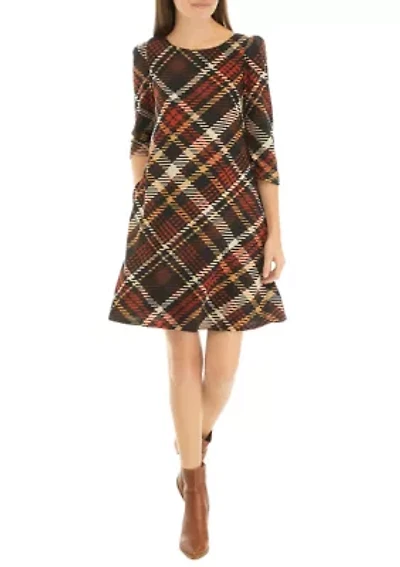Women's 3/4 Puff Sleeve Plaid A-Line Dress