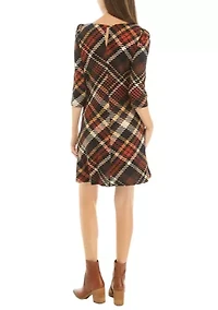 Women's 3/4 Puff Sleeve Plaid A-Line Dress