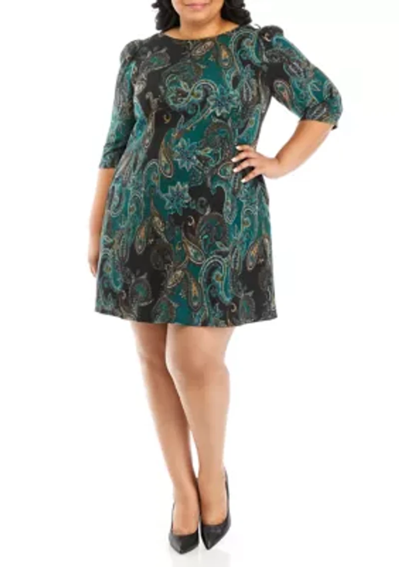 Plus Puff Sleeve Paisley A-Line Dress