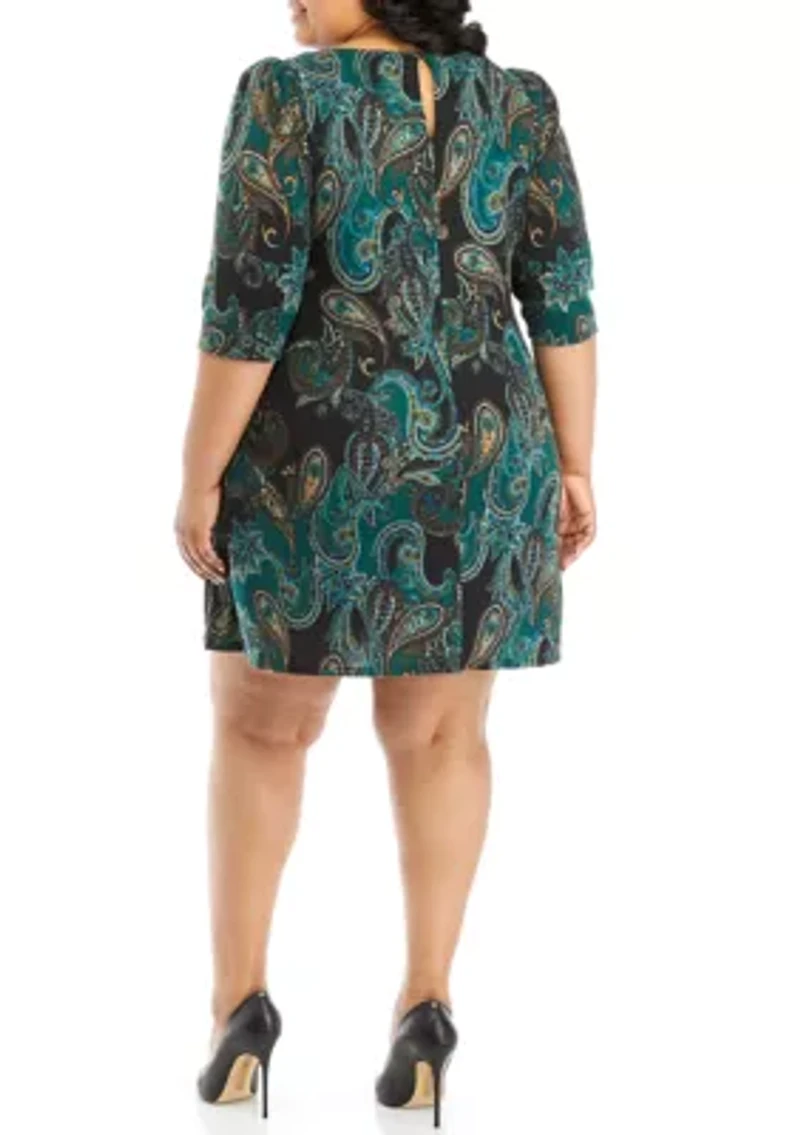 Plus Puff Sleeve Paisley A-Line Dress