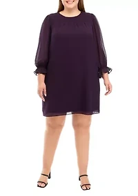 Plus Long Sleeve Solid Chiffon Shift Dress