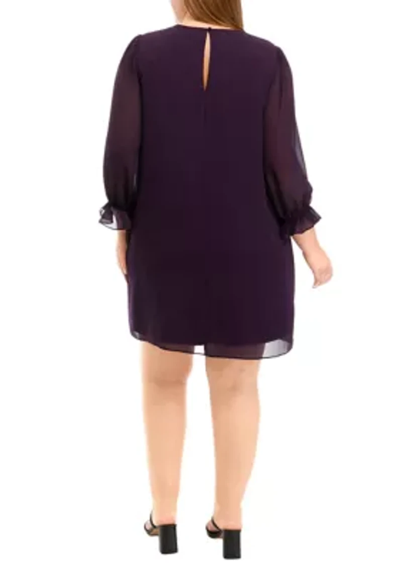 Plus Long Sleeve Solid Chiffon Shift Dress