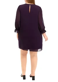 Plus Long Sleeve Solid Chiffon Shift Dress