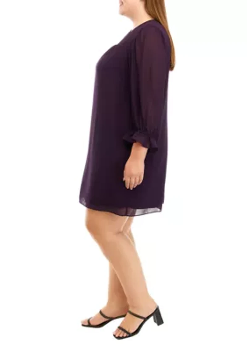 Plus Long Sleeve Solid Chiffon Shift Dress