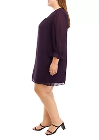 Plus Long Sleeve Solid Chiffon Shift Dress