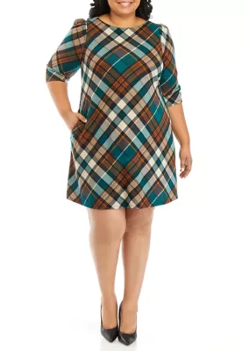 Plus Puff Sleeve Plaid A-Line Dress