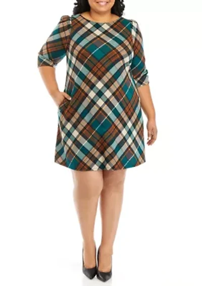 Plus Puff Sleeve Plaid A-Line Dress
