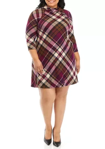 Plus 3/4 Sleeve Mock Neck Plaid A-Line Dress
