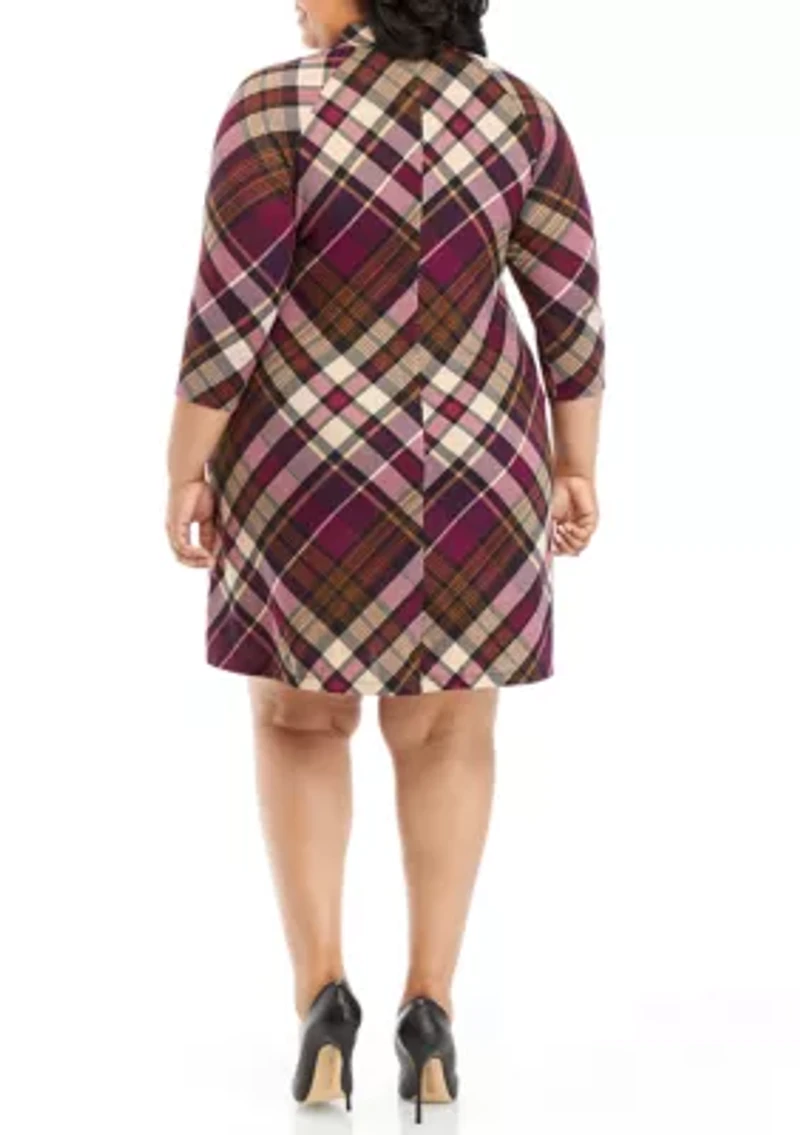 Plus 3/4 Sleeve Mock Neck Plaid A-Line Dress