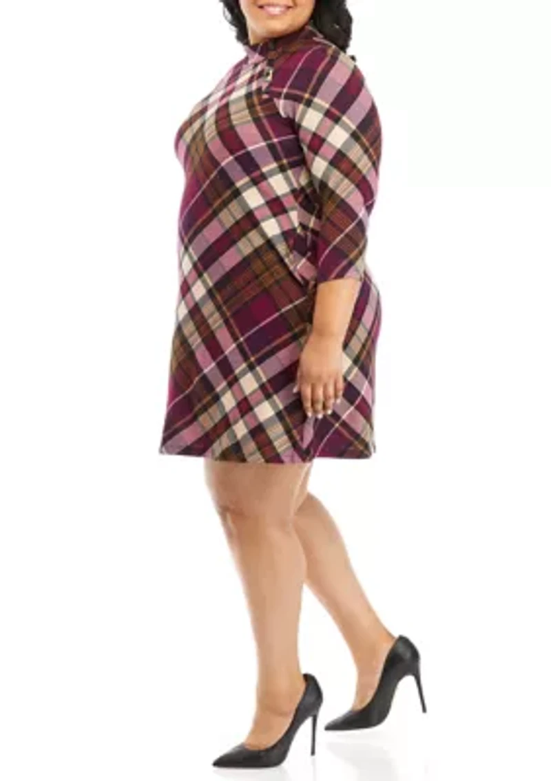 Plus 3/4 Sleeve Mock Neck Plaid A-Line Dress