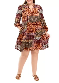 Plus Long Sleeve Split Neck Patchwork Dress