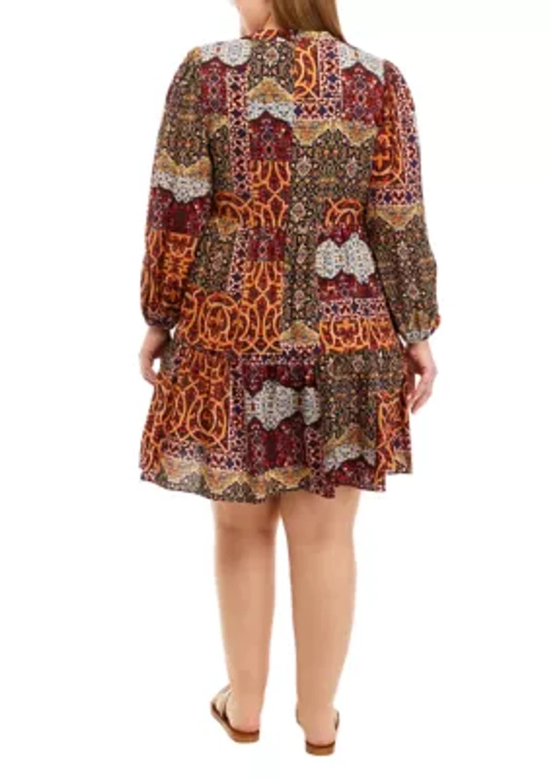 Plus Long Sleeve Split Neck Patchwork Dress