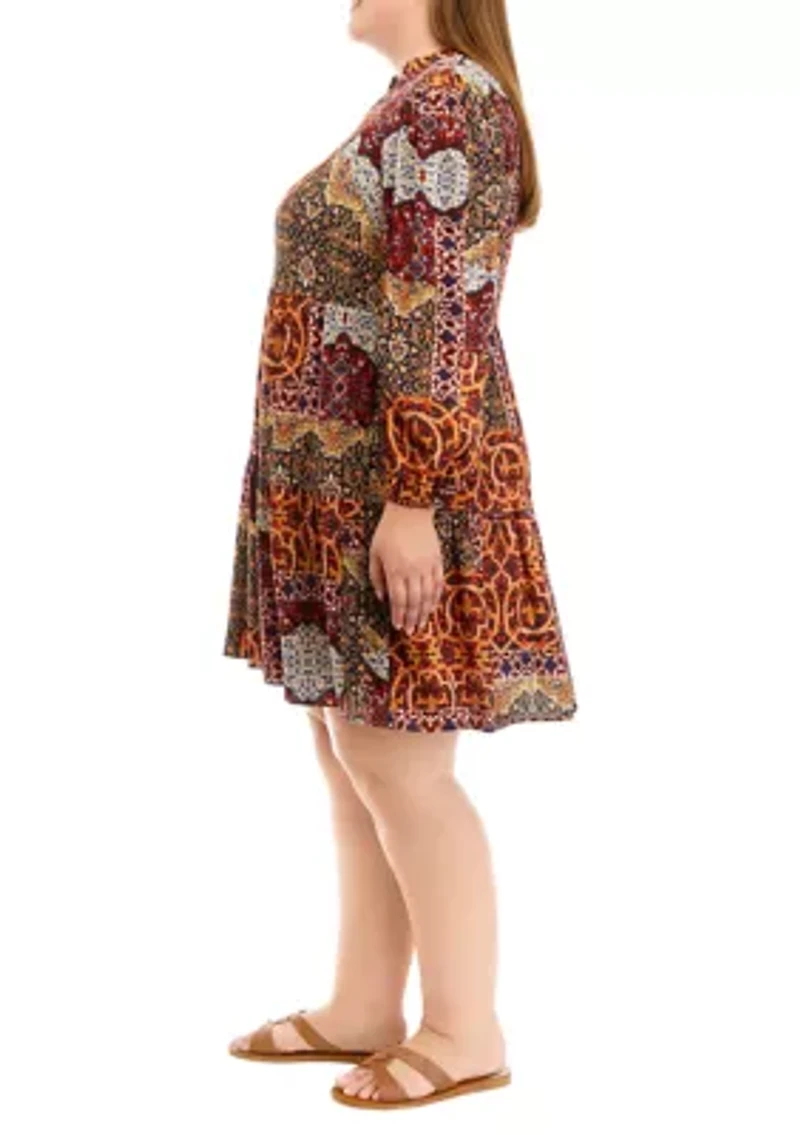 Plus Long Sleeve Split Neck Patchwork Dress