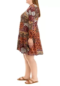 Plus Long Sleeve Split Neck Patchwork Dress