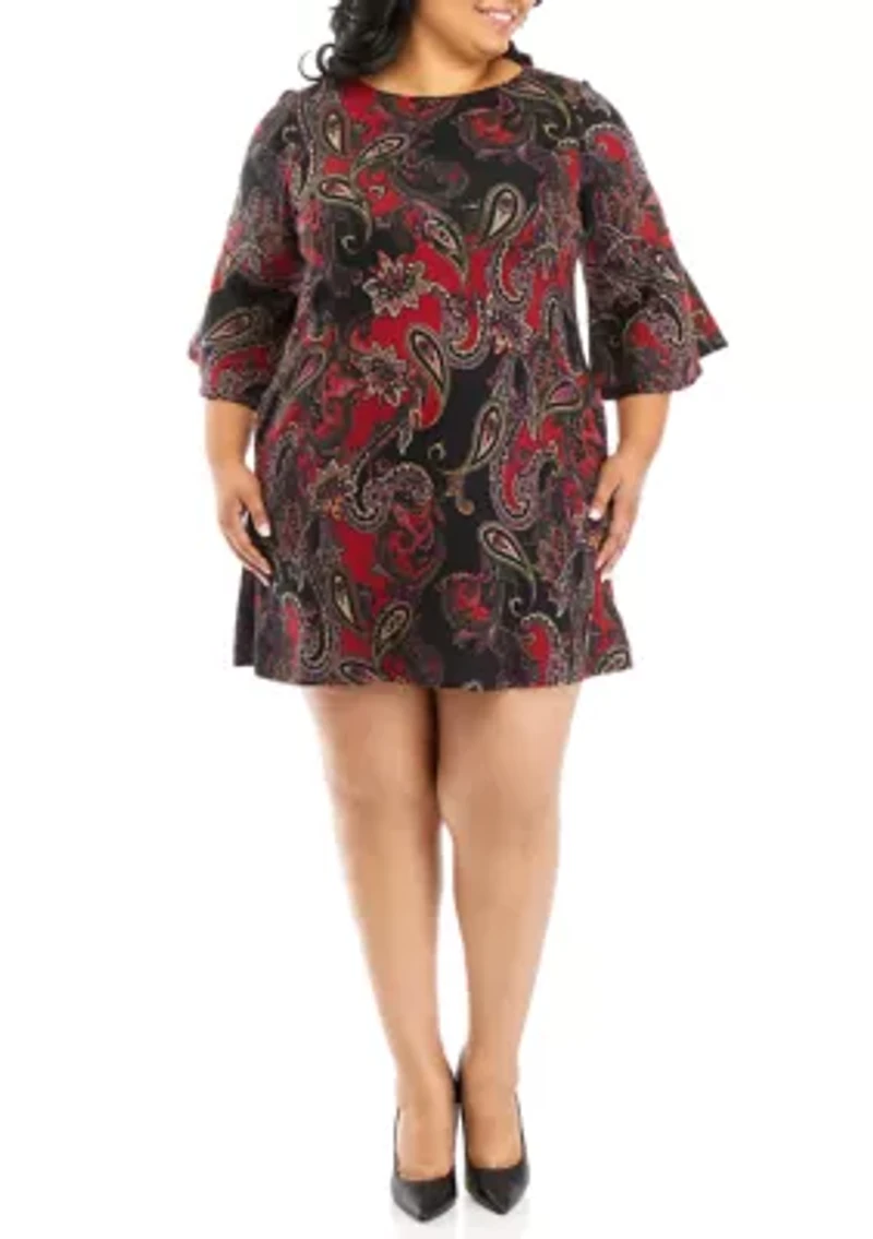 Plus 3/4 Bell Sleeve Paisley A-Line Dress