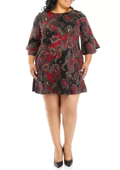 Plus 3/4 Bell Sleeve Paisley A-Line Dress