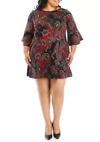 Plus 3/4 Bell Sleeve Paisley A-Line Dress