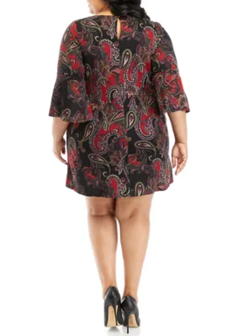 Plus 3/4 Bell Sleeve Paisley A-Line Dress