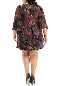 Plus 3/4 Bell Sleeve Paisley A-Line Dress