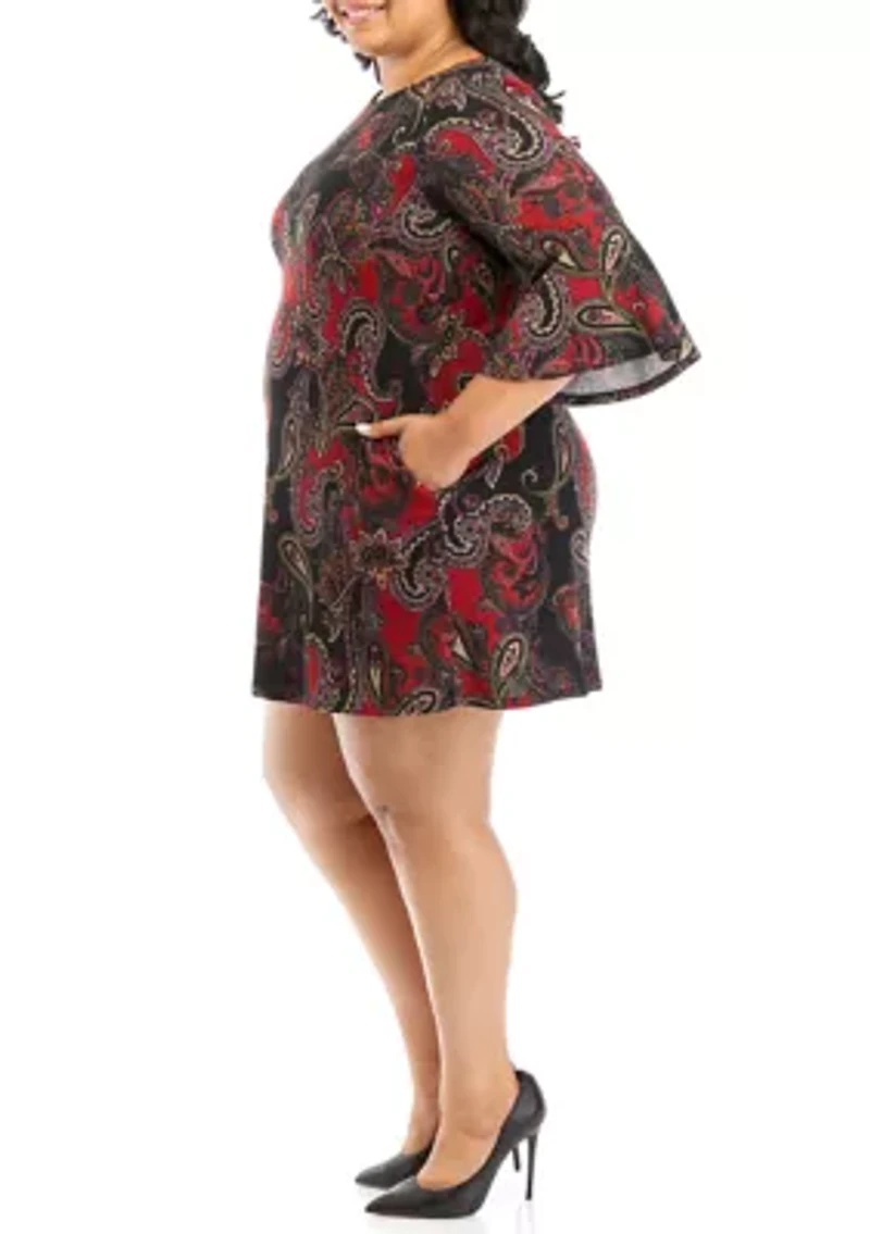 Plus 3/4 Bell Sleeve Paisley A-Line Dress