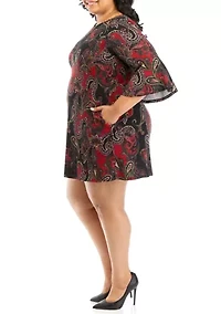 Plus 3/4 Bell Sleeve Paisley A-Line Dress