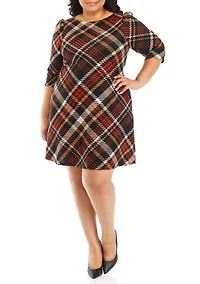 Plus 3/4 Puff Sleeve Plaid A-Line Dress