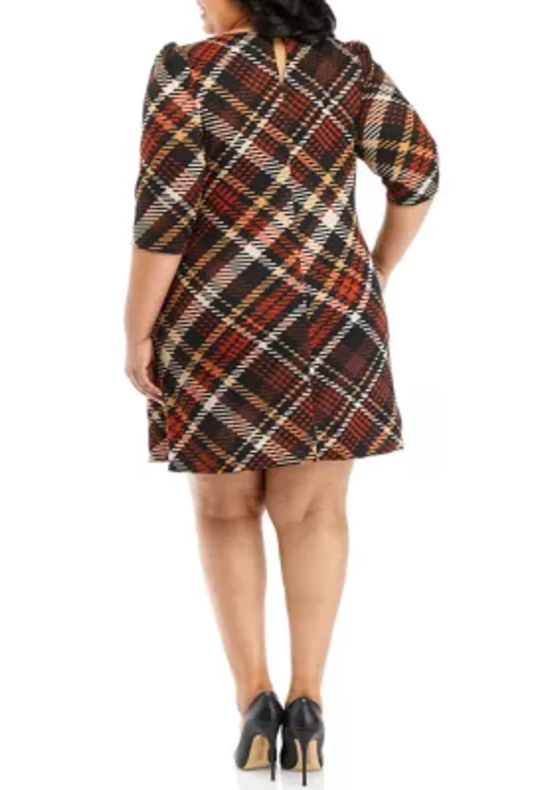 Plus 3/4 Puff Sleeve Plaid A-Line Dress