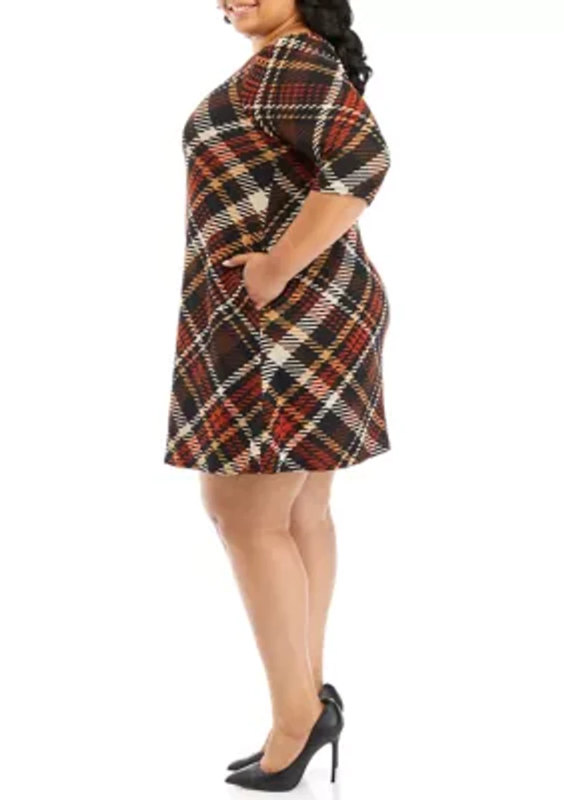 Plus 3/4 Puff Sleeve Plaid A-Line Dress