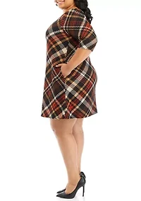 Plus 3/4 Puff Sleeve Plaid A-Line Dress