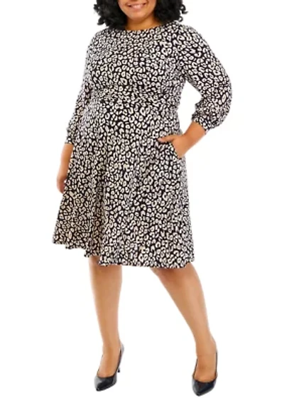 Plus Long Sleeve Boat Neck Leopard Print Fit and Flare Midi Dress