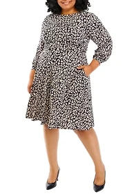 Plus Long Sleeve Boat Neck Leopard Print Fit and Flare Midi Dress