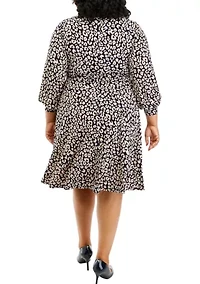Plus Long Sleeve Boat Neck Leopard Print Fit and Flare Midi Dress