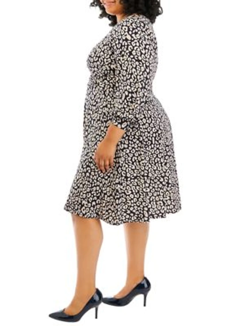 Plus Long Sleeve Boat Neck Leopard Print Fit and Flare Midi Dress
