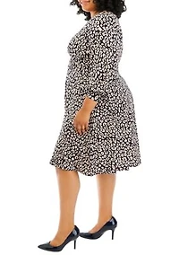 Plus Long Sleeve Boat Neck Leopard Print Fit and Flare Midi Dress