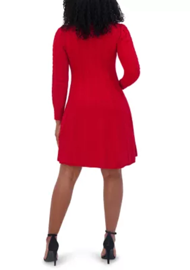 Women's Long Sleeve Mock Neck Solid A-Line Dress