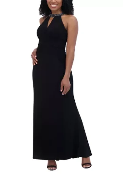 Women's Sleeveless Halter Neck Solid Sheath Gown