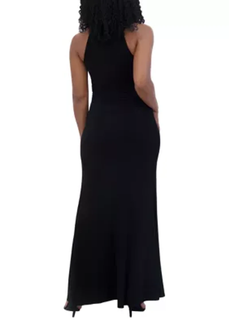 Women's Sleeveless Halter Neck Solid Sheath Gown
