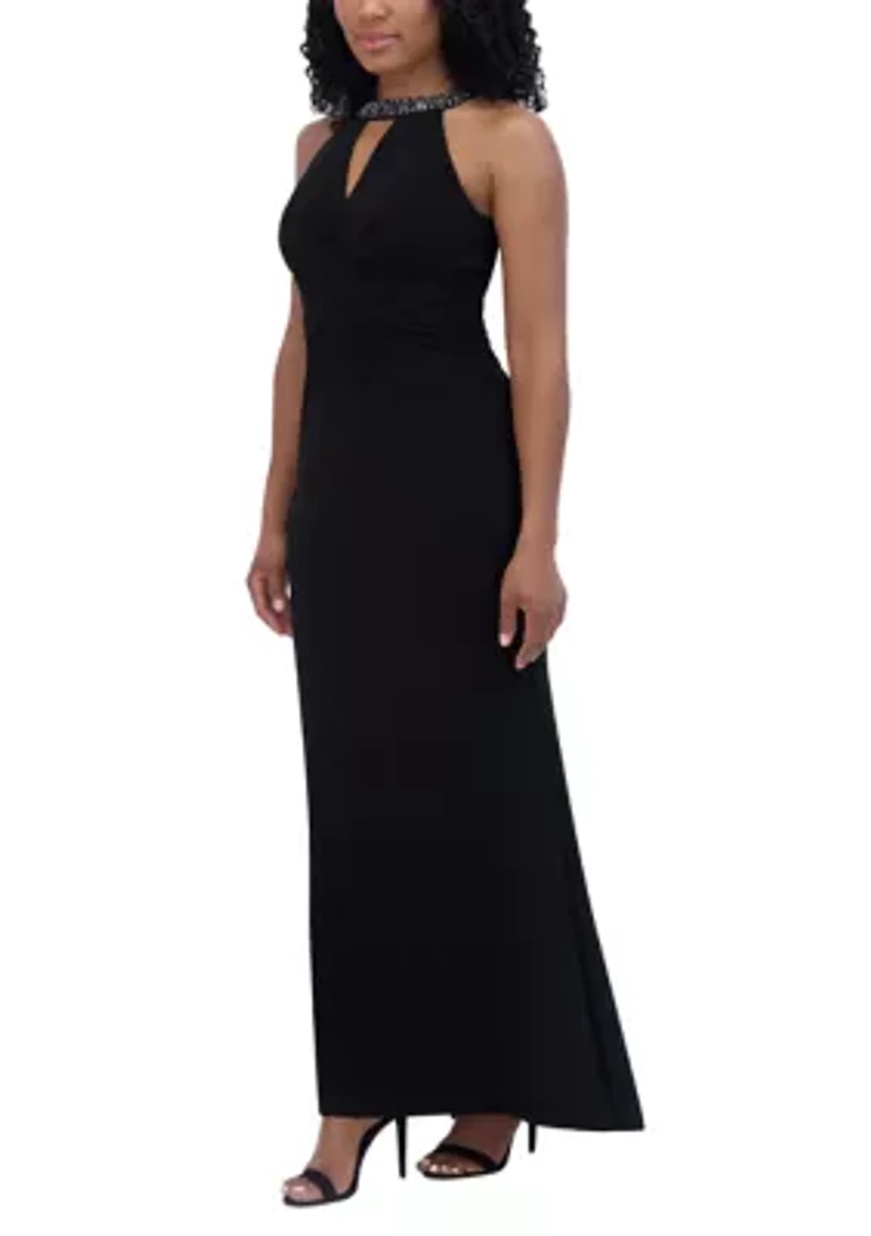 Women's Sleeveless Halter Neck Solid Sheath Gown