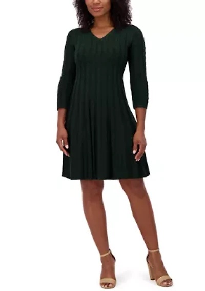 Women's 3/4 Sleeve V-Neck Solid Pleated A-Line Dress