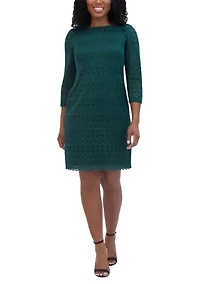 Women's 3/4 Sleeve Round Neck Solid Lace A-Line Dress