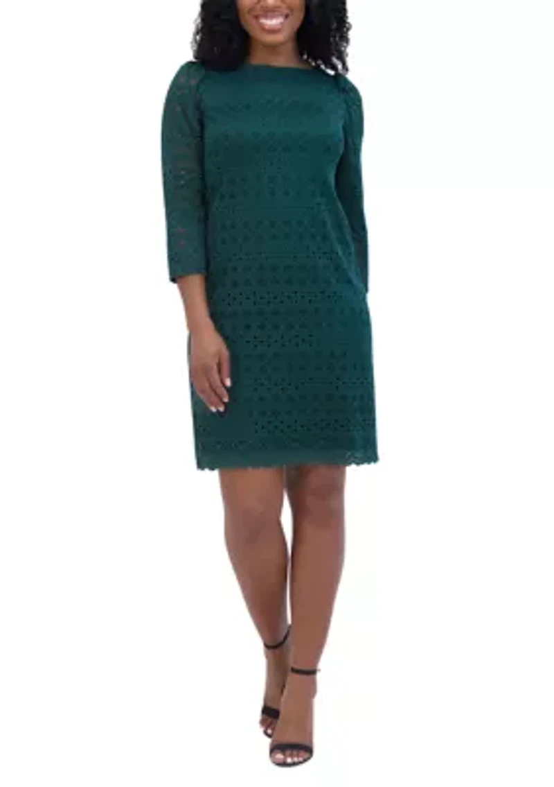 Women's 3/4 Sleeve Round Neck Solid Lace A-Line Dress